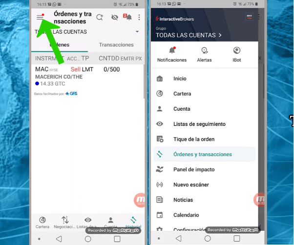acciones en app de Interactive Brokers en móvil