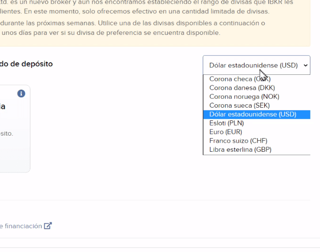cómo seleccionar tipo de moneda para hacer depósitos en Interactive Brokers