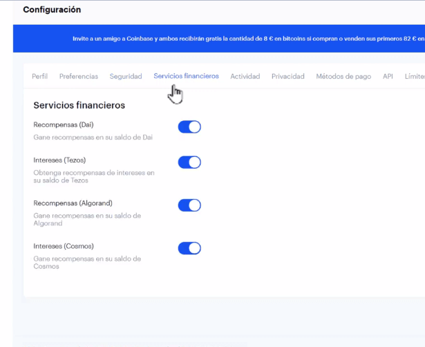 cómo configurar servicios financieros en Coinbase