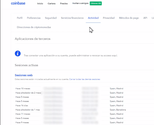 verificar la actividad en la cuenta de Coinbase
