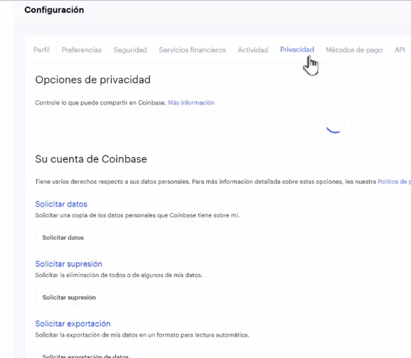 cuáles son las políticas de privacidad para aceptar cuando se configura Coinbase