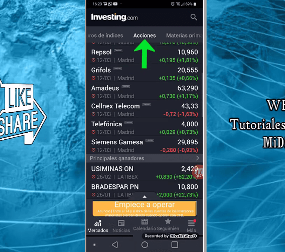 acciones que se pueden hacer en Investing en el móvil