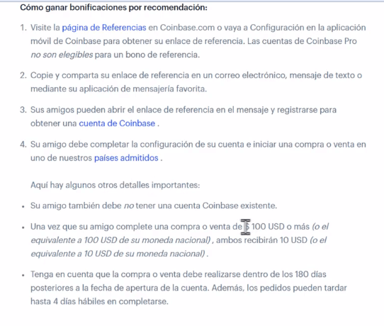 cuál es la lista de condiciones de Coinbase
