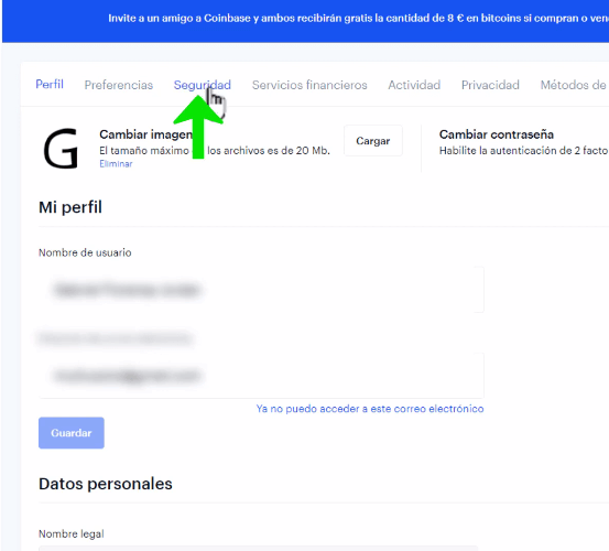 cómo se configura seguridad en Coinbase