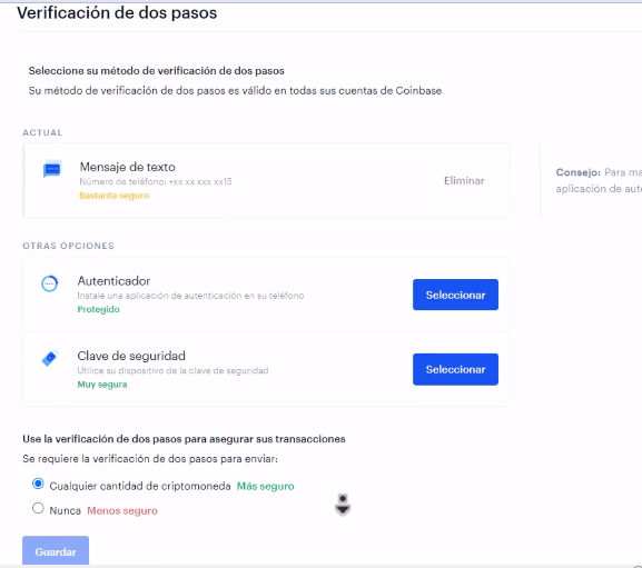 pasos para autenticar clave en Coinbase