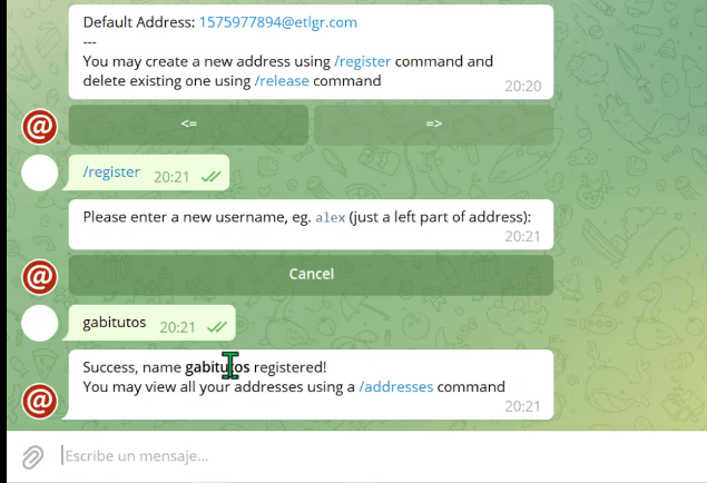 cómo registrar un nuevo mail en Telegram
